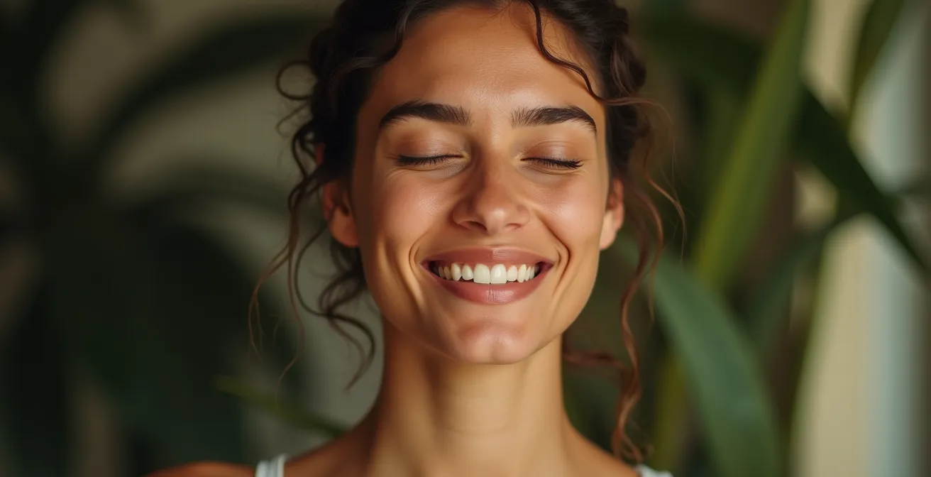 Person in meditativer Haltung mit friedlicher Ausstrahlung in natürlicher Umgebung