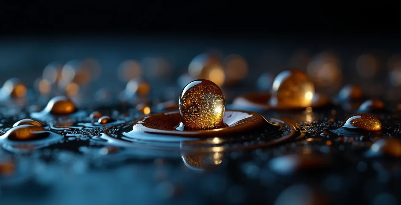 Makroaufnahme von Kaffeetropfen auf einer reflektierenden Oberfläche, die den molekularen Kampf um Schlaf symbolisieren