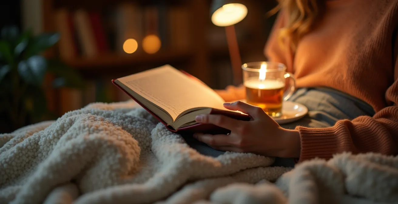 Entspannender Abend mit Buch und CBD-Tee statt Bildschirm