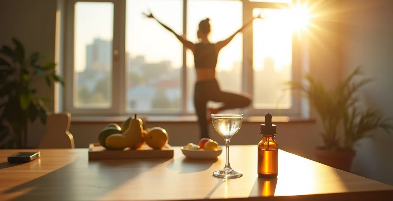 Minimalistischer Arbeitsplatz mit natürlichen Energiequellen wie Wasser und Obst statt Kaffee