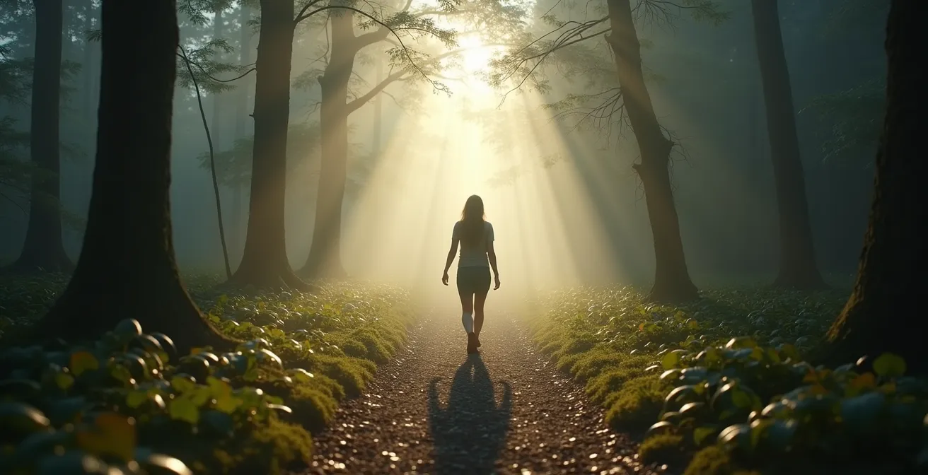 Eine Person auf einem meditativen Spaziergang in der Natur, die achtsam das Staunen in kleinen Momenten übt.
