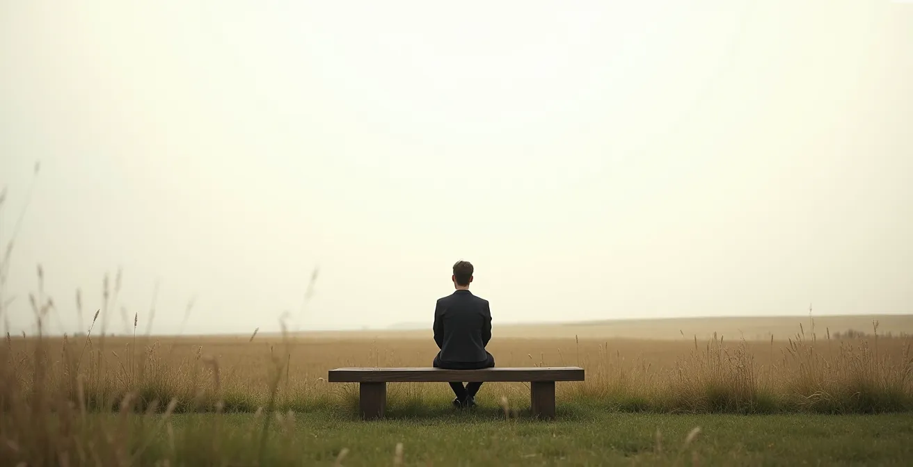 Symbolische Darstellung der Balance zwischen gesunder Disziplin und Lebensfreude, dargestellt durch eine Person, die entspannt auf einer Bank zwischen einem geordneten Garten und einer wilden Wiese sitzt.