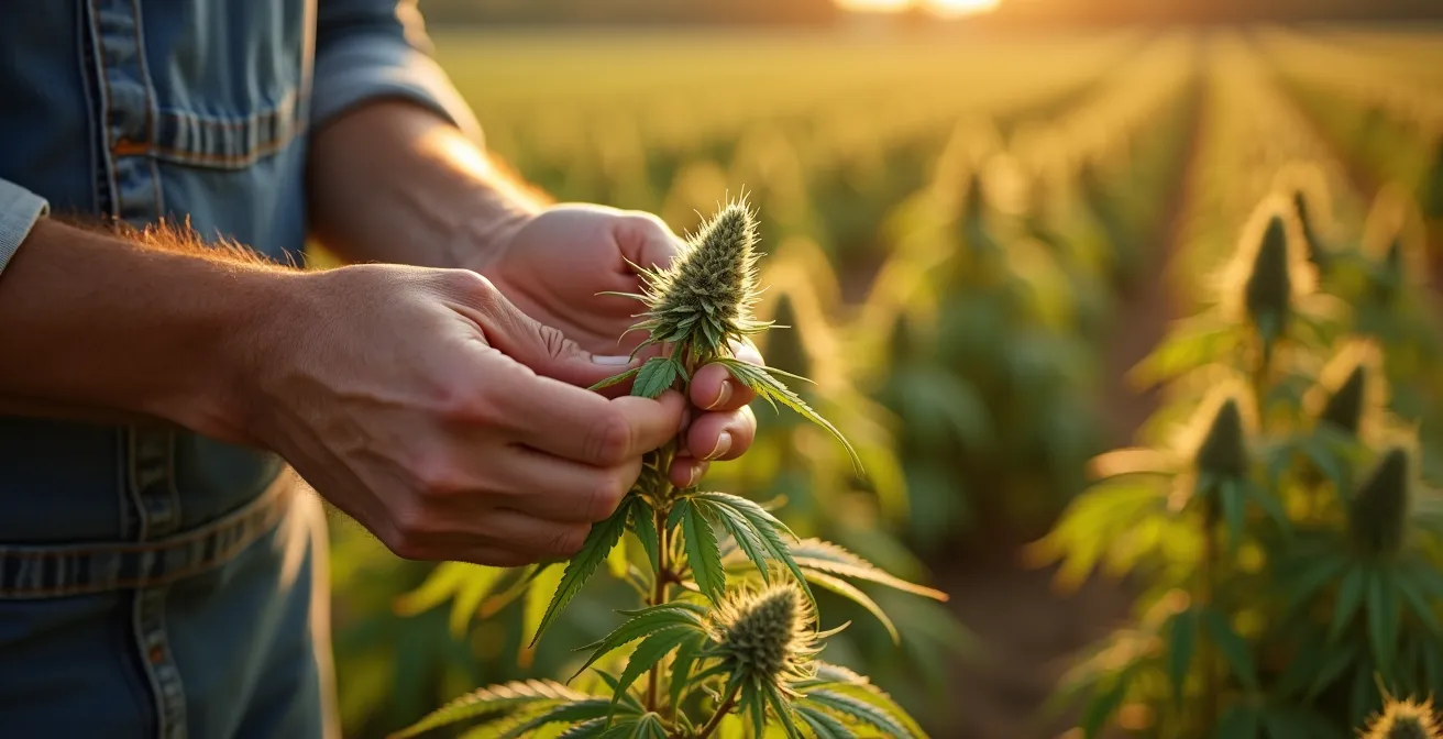 Landwirt bei der sorgfältigen Handauswahl von CBD-Blüten im biologischen Hanffeld
