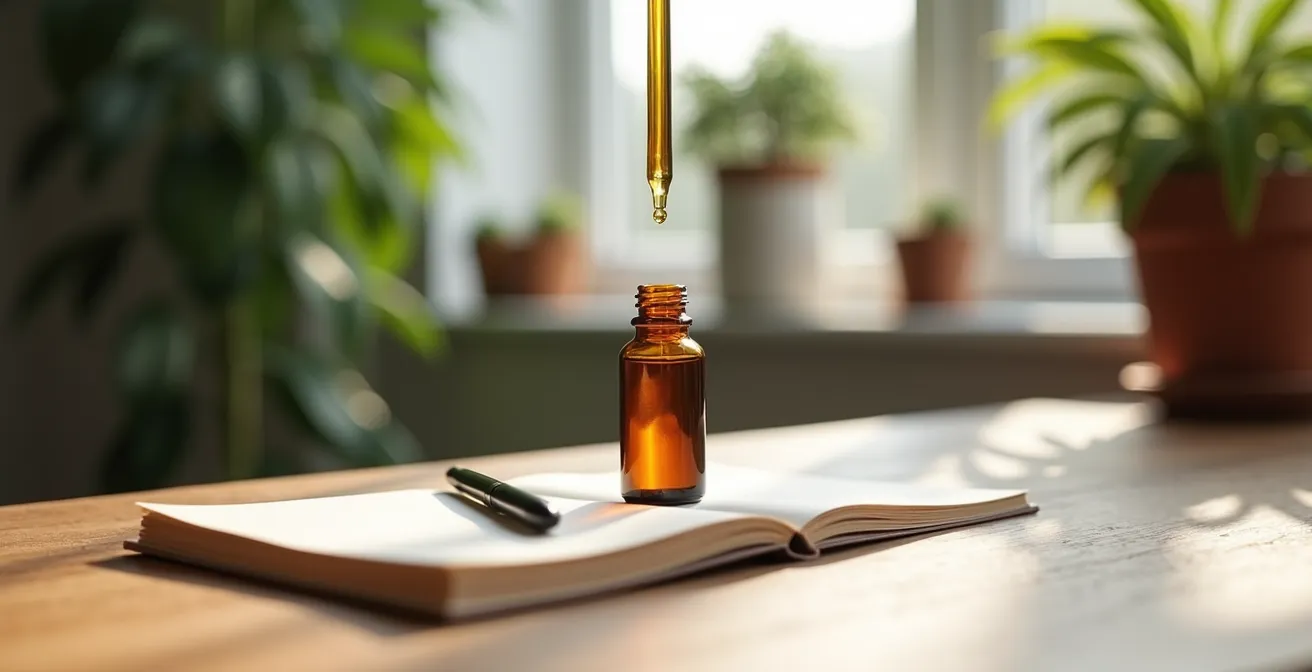 Minimalistische Darstellung von einer CBD-Ölflasche mit Tropfenzähler neben einem Notizblock zur Protokollierung der Dosierung.