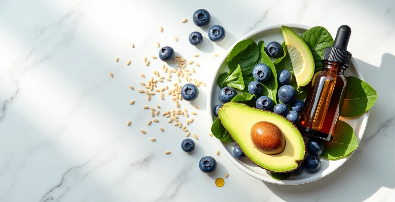 Frische Beeren und Avocado mit CBD-Öl für gesunde Haut