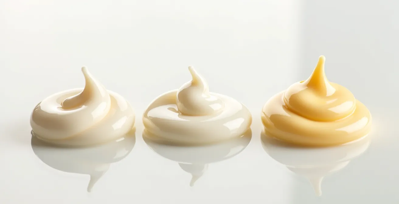 Makroaufnahme von drei verschiedenen Cremetexturen nebeneinander, die Qualitätsunterschiede in der Konsistenz verdeutlichen.