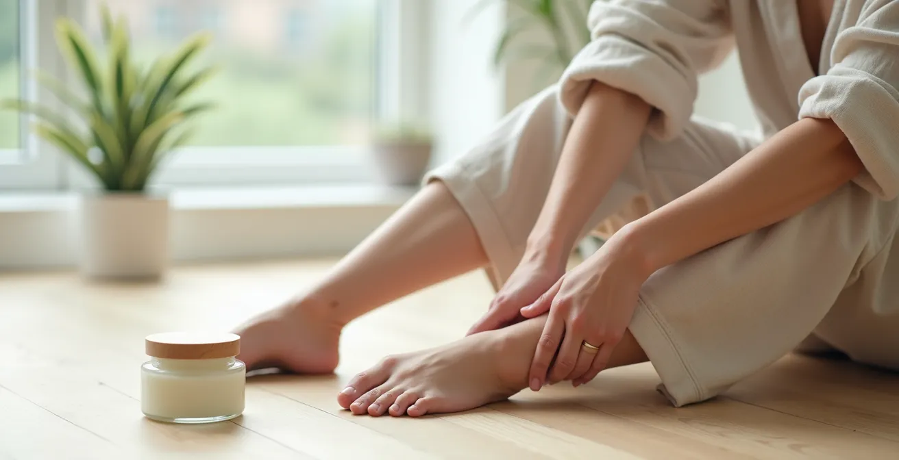 Hände massieren sanft CBD-Salbe in Kniegelenk ein