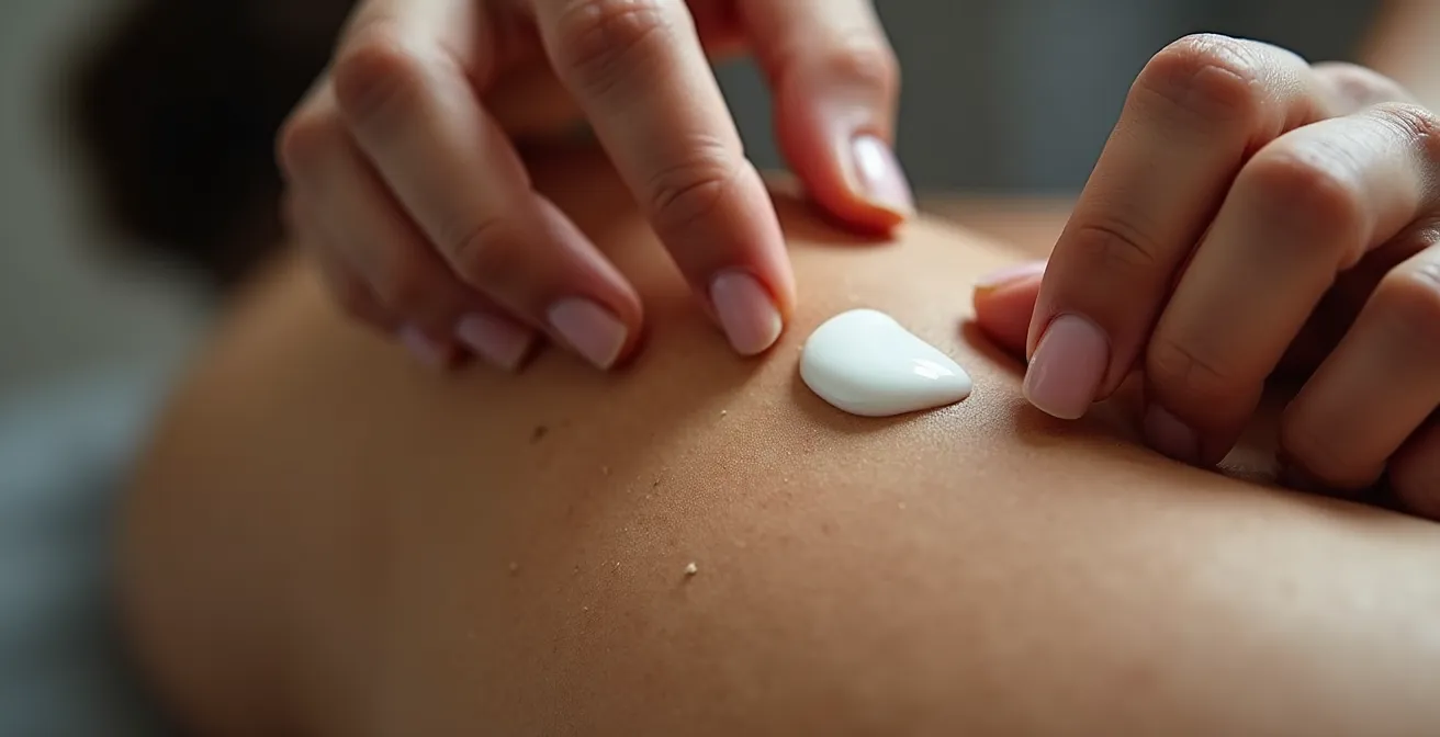 Makroaufnahme einer Person, die CBD-Salbe sanft auf einen Muskel aufträgt, um die Regeneration nach einer Sportverletzung zu fördern