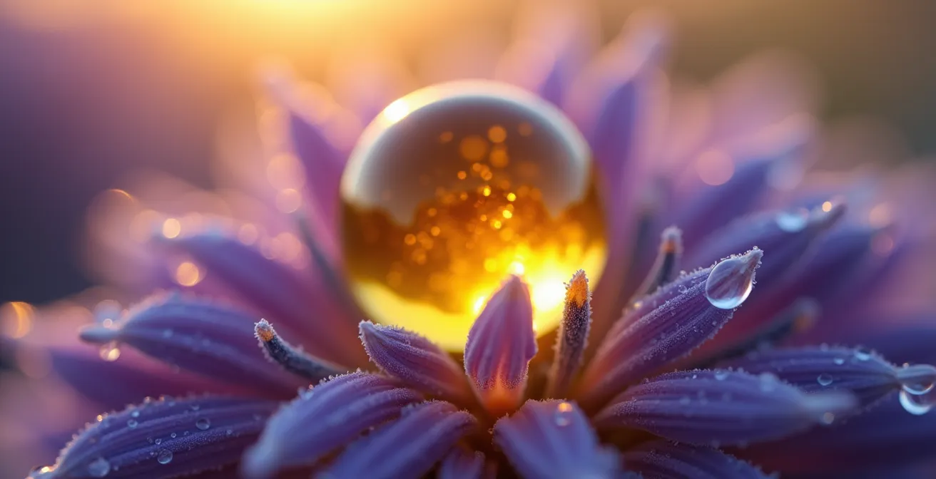 Makroaufnahme von CBD-Öltropfen auf Lavendelblüten bei Abendlicht