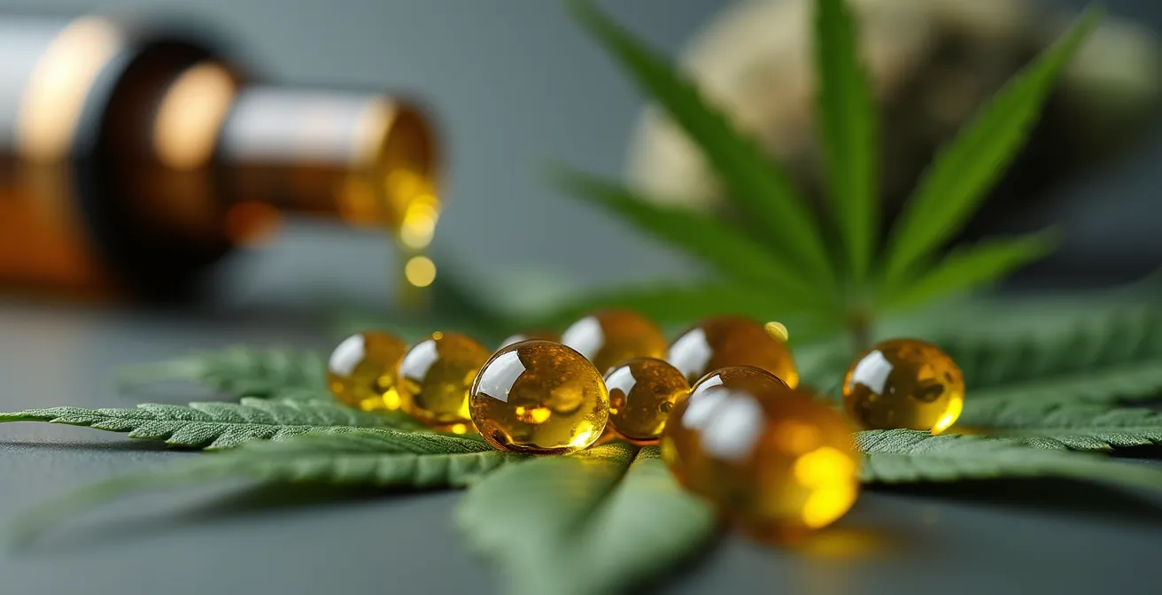 Nahaufnahme von CBD-Öl-Tropfen auf Hanfblatt mit Vaporizer im Hintergrund