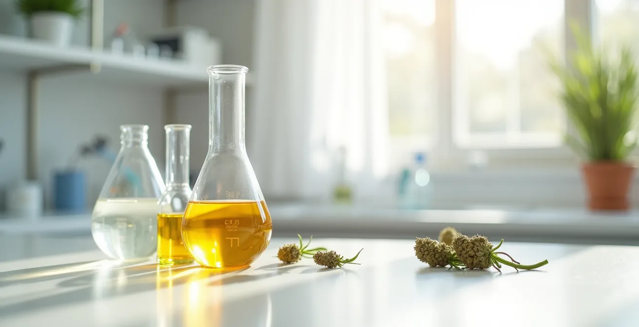 Wissenschaftliche Analyse von CBD im Labor mit Mikroskop und natürlichen Hanfextrakten
