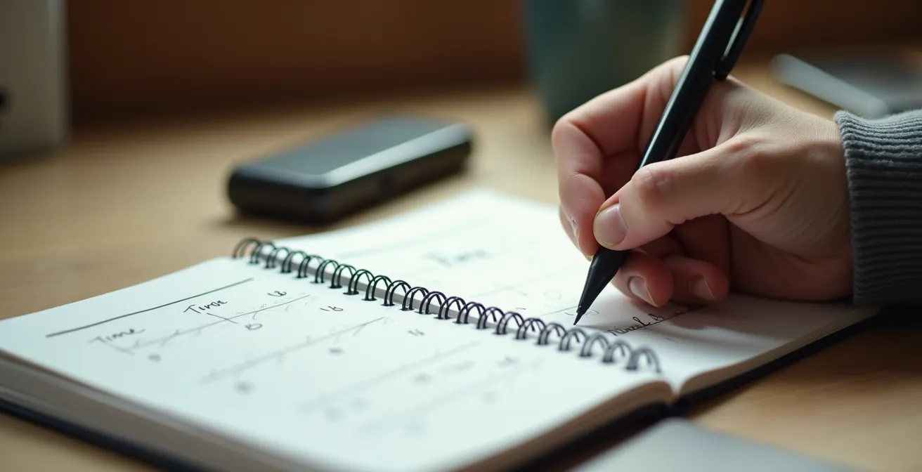 Nahaufnahme einer Hand mit Stift über Notizbuch mit Uhrzeit-Markierungen
