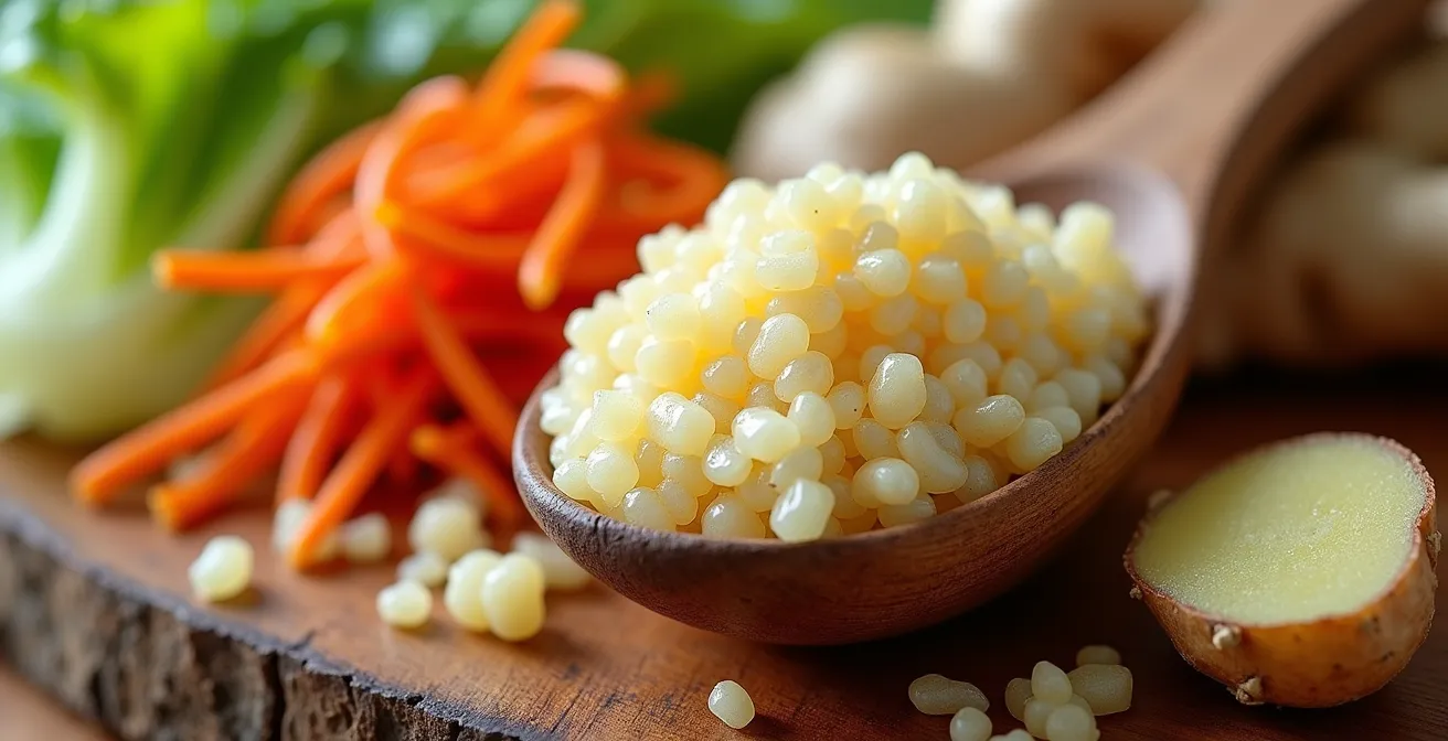 Makroaufnahme von probiotischen Lebensmitteln und natürlichen Elementen für die Darmgesundheit