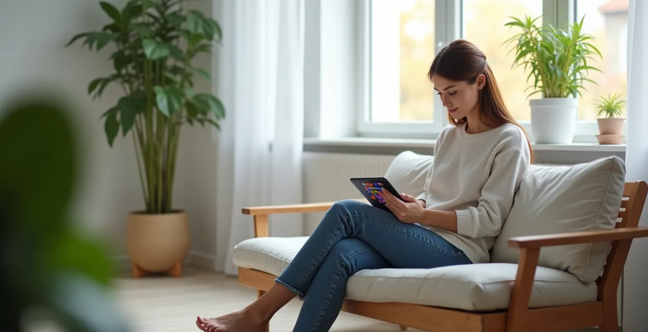 Person nutzt digitale Gesundheitsanwendung auf Tablet in ruhiger Umgebung