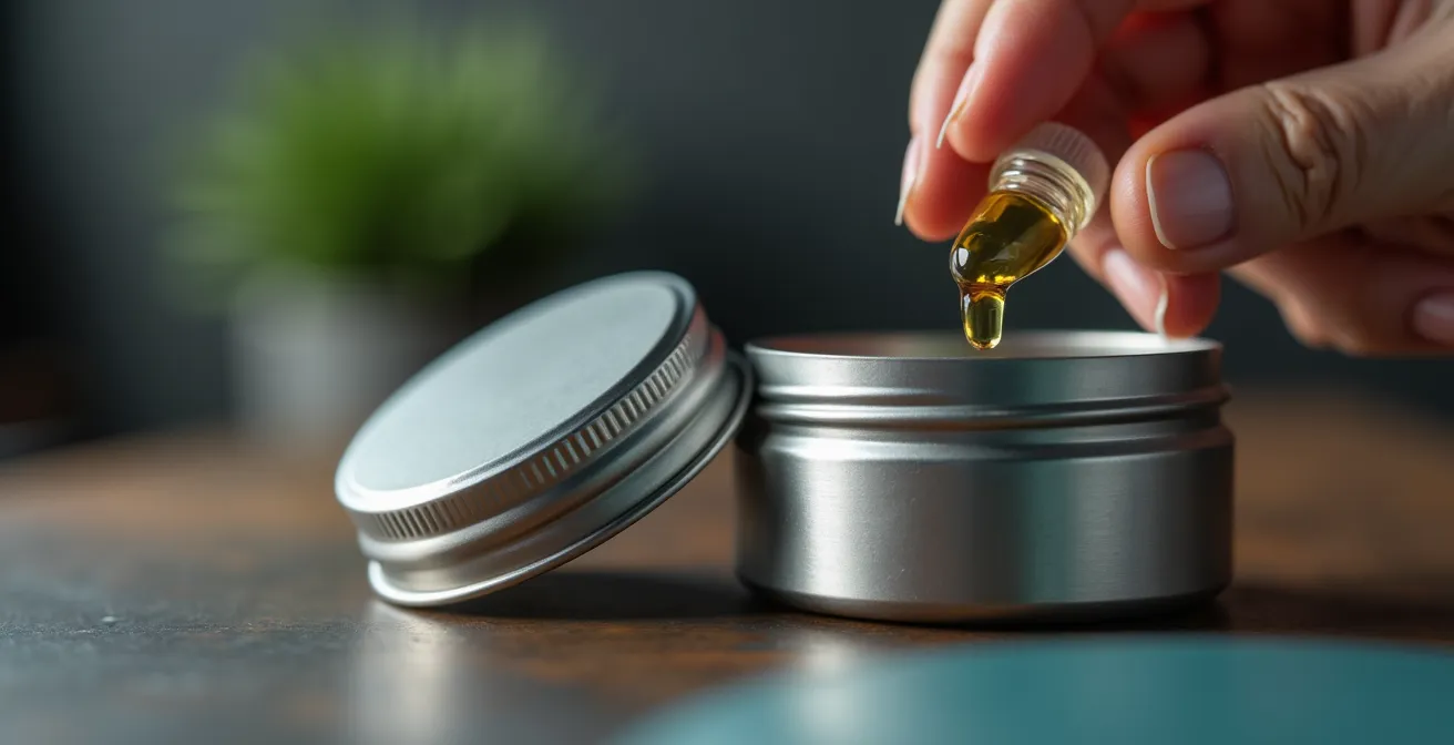 Elegante Aufbewahrung von CBD-Produkten am Arbeitsplatz in einer Schreibtischschublade.