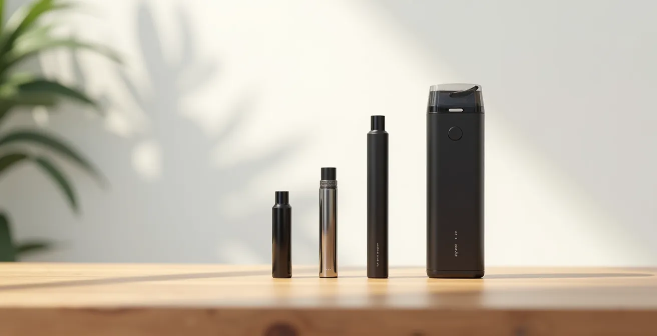 Verschiedene E-Zigaretten-Modelle auf Holztisch arrangiert