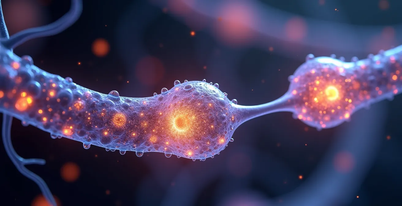 Makroaufnahme von Nervenzellen und Synapsen im Gehirn, die die neuronale Kommunikation illustriert.