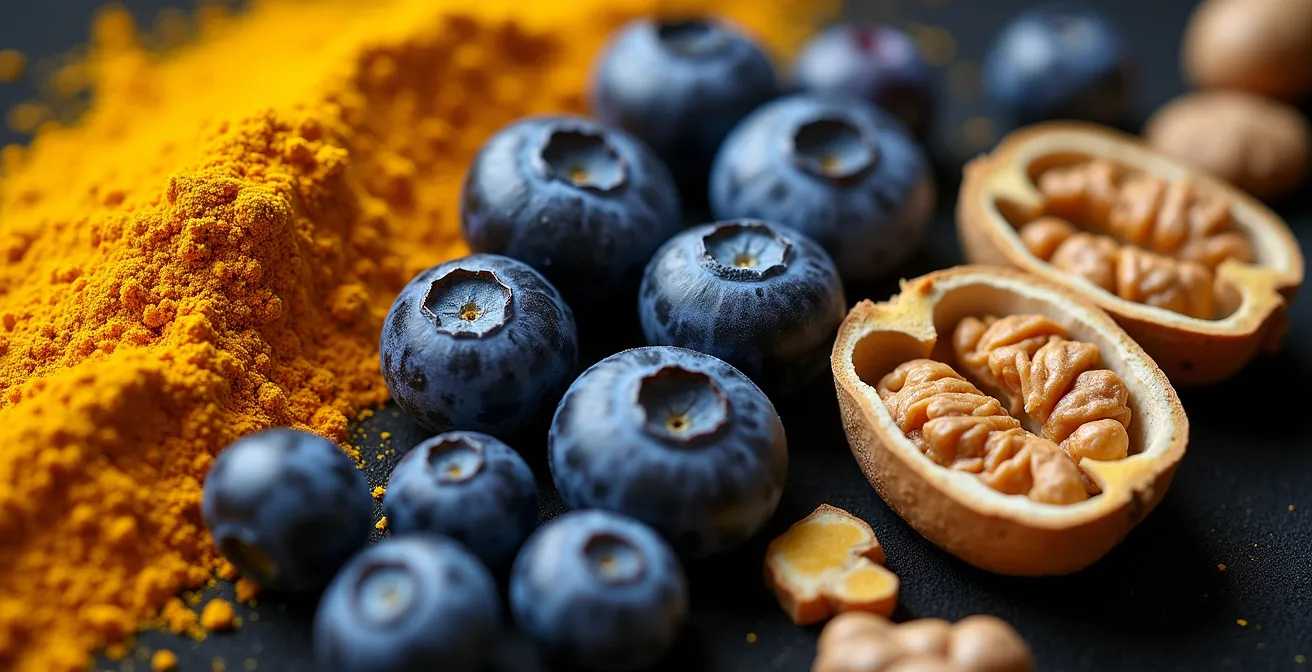 Anordnung entzündungshemmender Lebensmittel wie Kurkuma, Beeren und Nüsse