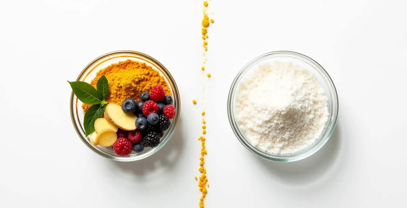 Visuelle Darstellung entzündungshemmender Lebensmittel wie Beeren und Grünzeug neben entzündungsfördernden Lebensmitteln wie Zucker und Weißmehl.