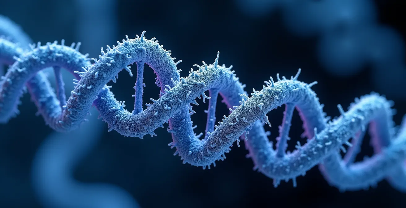 Mikroskopische Darstellung von DNA-Strängen mit sichtbaren Schäden durch Formaldehyd