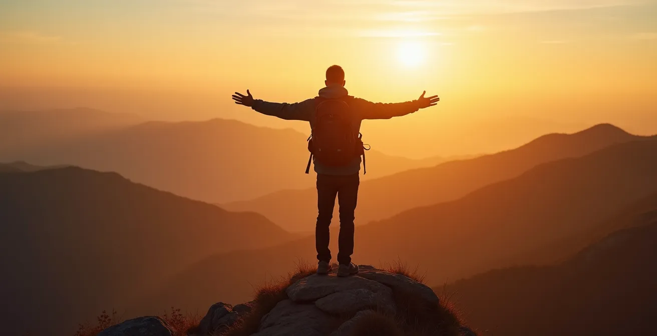 Person steht auf Berggipfel bei Sonnenaufgang mit ausgebreiteten Armen