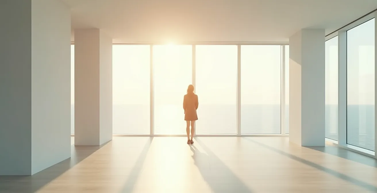 Weitwinkelaufnahme einer Person in entspannter Haltung in minimalistischer Umgebung