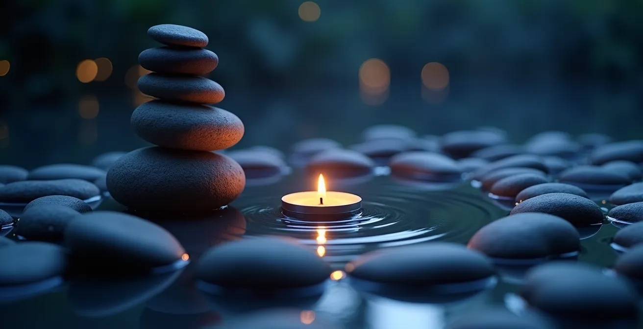Abstrakte Darstellung eines entspannten Geistes in nächtlicher Ruhe, symbolisiert durch Zen-Steine und sanftes Licht.