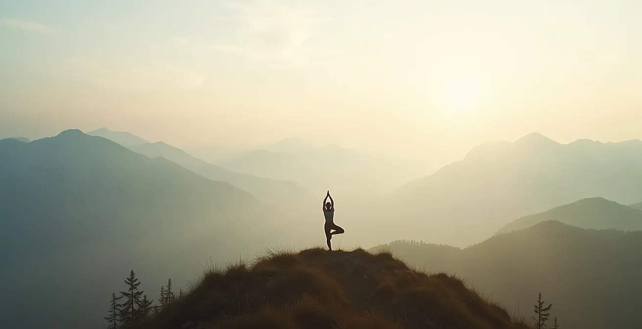 Weitwinkelaufnahme einer Person in meditativer Yoga-Pose bei Sonnenaufgang