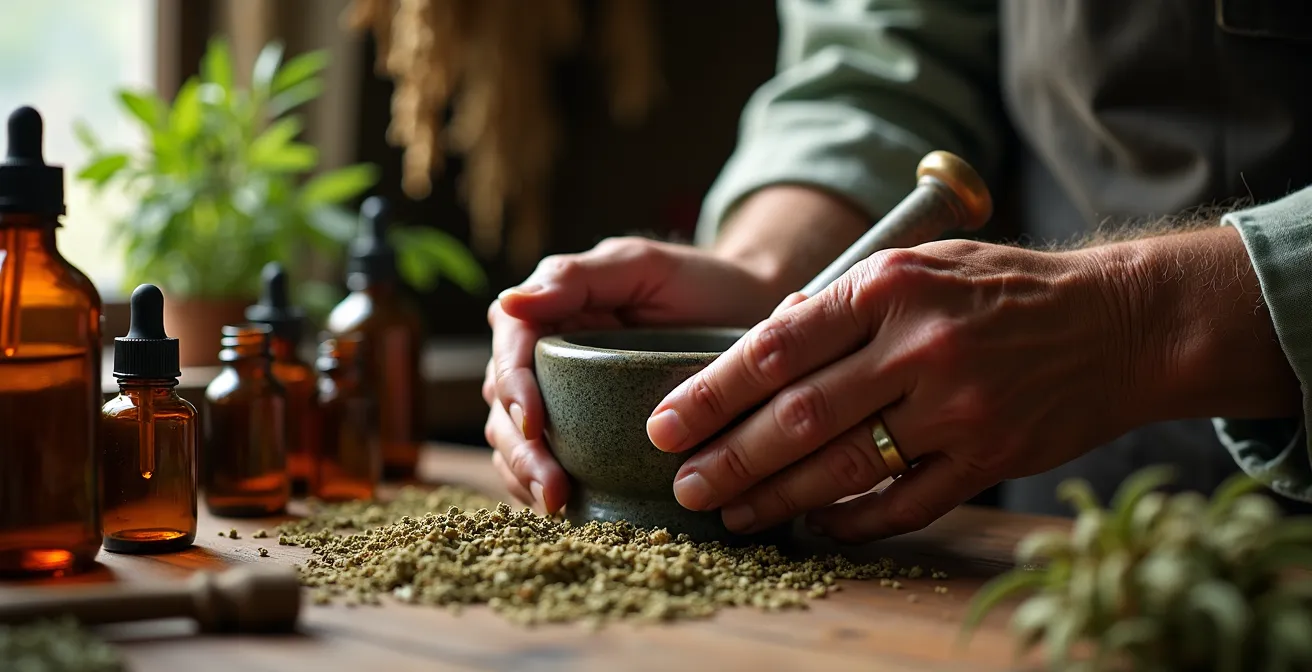 Historische Apotheke mit traditionellen Hanfpräparaten und alten Medizinbüchern