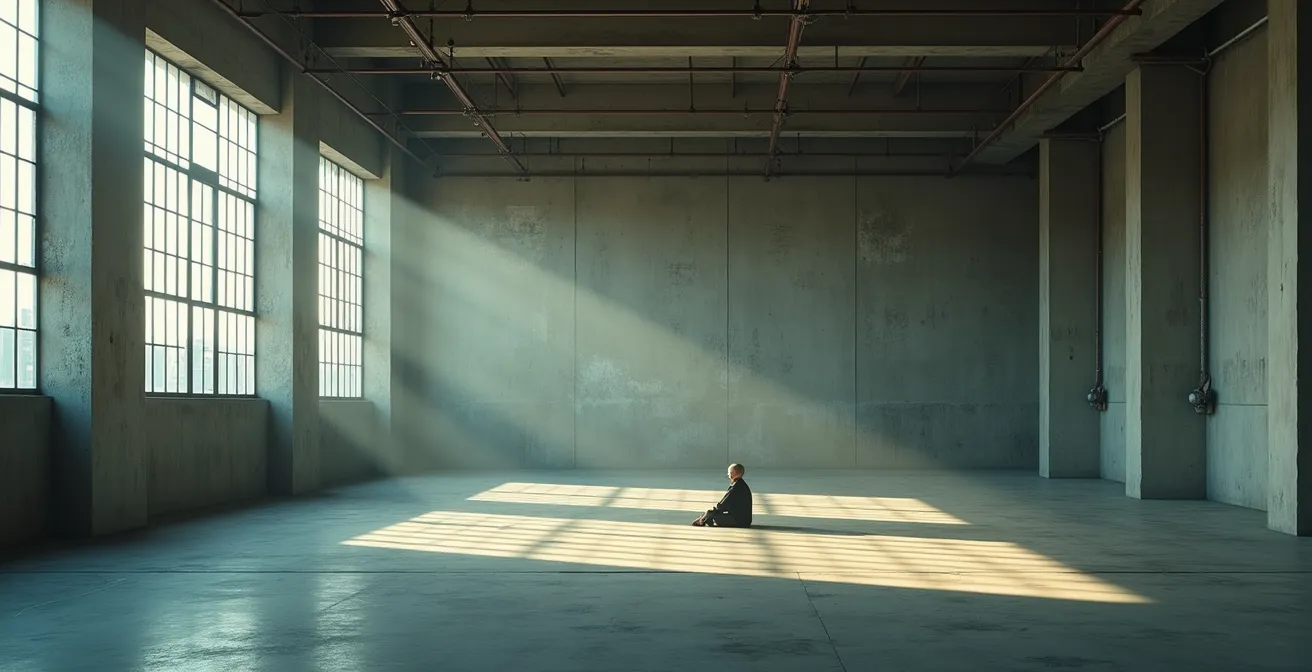 Einsame Person in leerem Raum als Symbol für soziale Isolation durch Drogenabhängigkeit