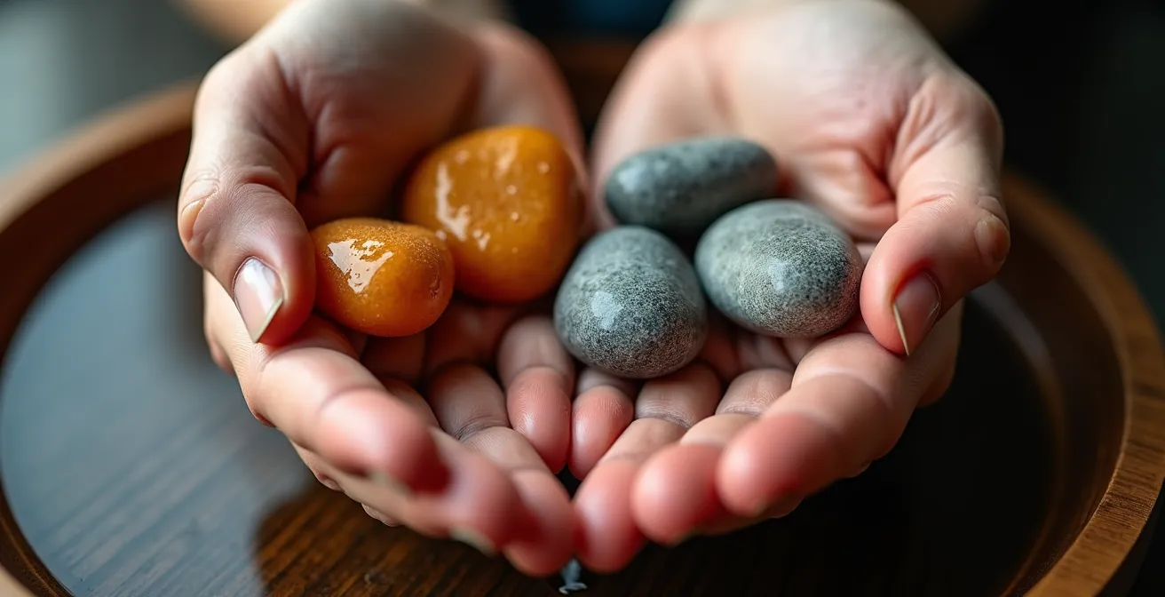 Makroaufnahme von Händen bei Wärme-Kälte-Therapie mit natürlichen Elementen