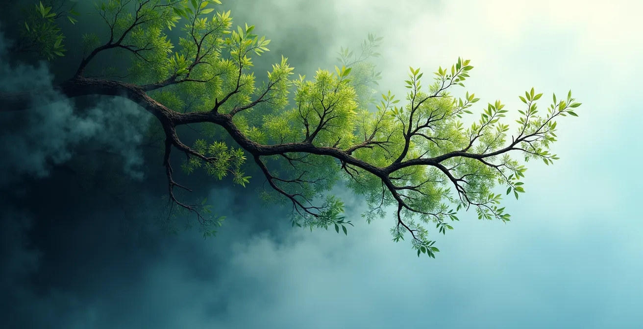 Abstrakte Darstellung einer sich regenerierenden Lunge mit frischen grünen und blauen Farbtönen