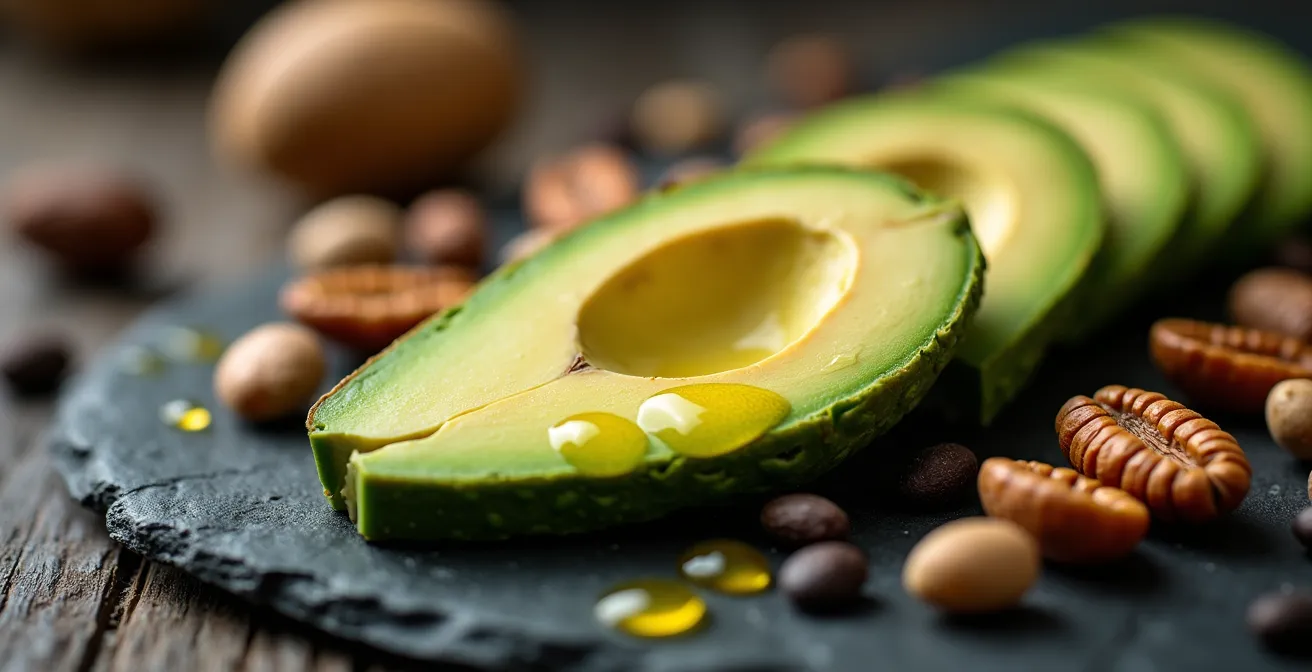 Makroaufnahme von energiereichen Lebensmitteln und natürlichen Fetten