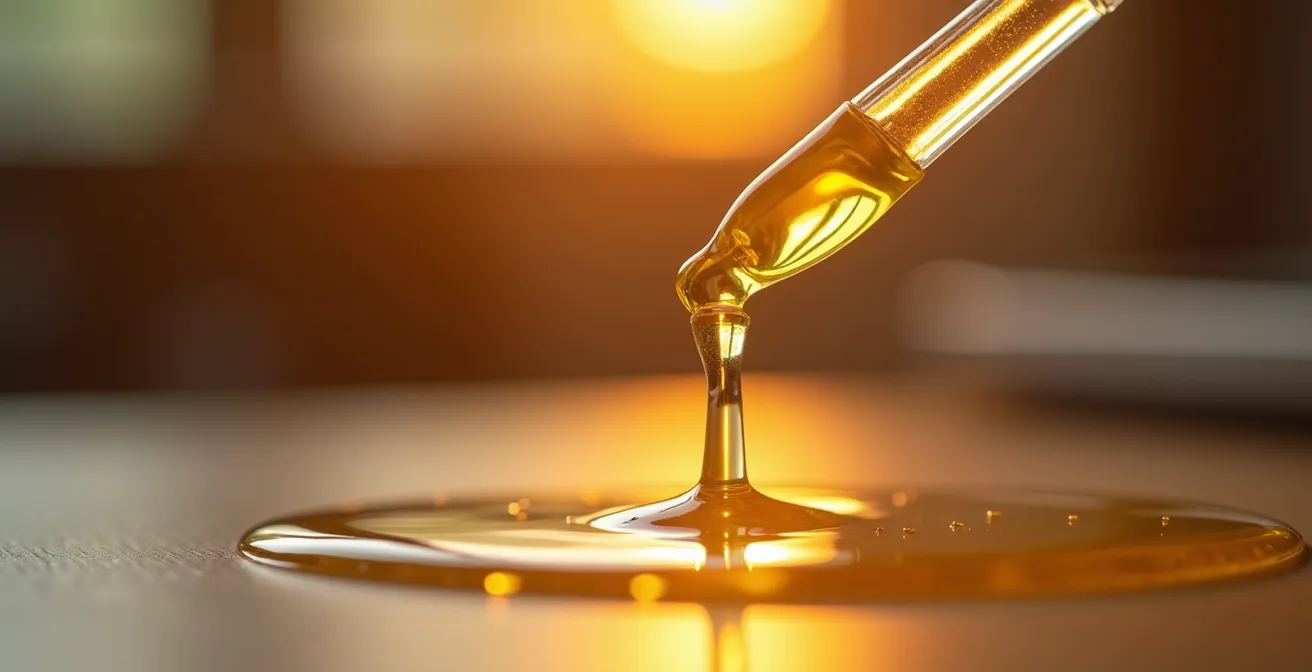 Nahaufnahme von CBD-Öl Tropfen und entspannten Händen während einer Arbeitspause