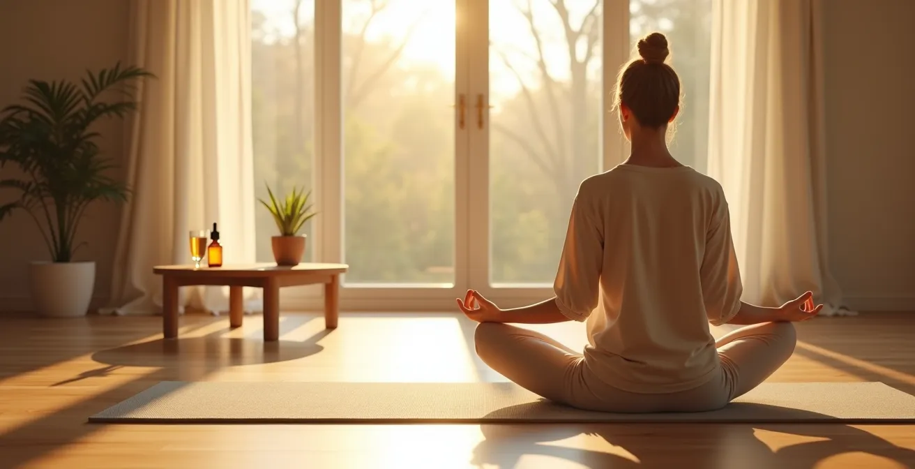 Eine friedliche Morgenszene mit einer Person, die meditiert, um inneres Gleichgewicht und Wohlbefinden zu fördern.