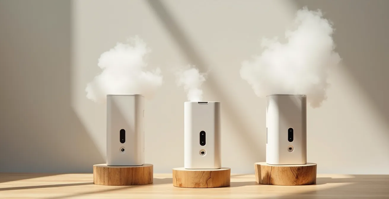 Drei verschiedene Vaping-Geräte zeigen unterschiedliche Dampfwolken