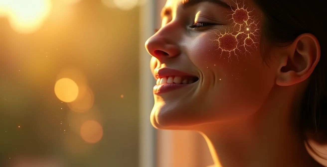 Visualisierung der Neurowissenschaft des Glücks, dargestellt durch das Porträt einer Person mit geschlossenen Augen und einem Ausdruck tiefer Zufriedenheit.