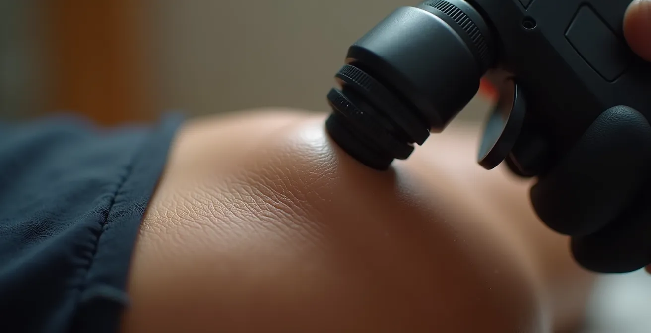 Makroaufnahme einer Massagepistole auf Muskulatur