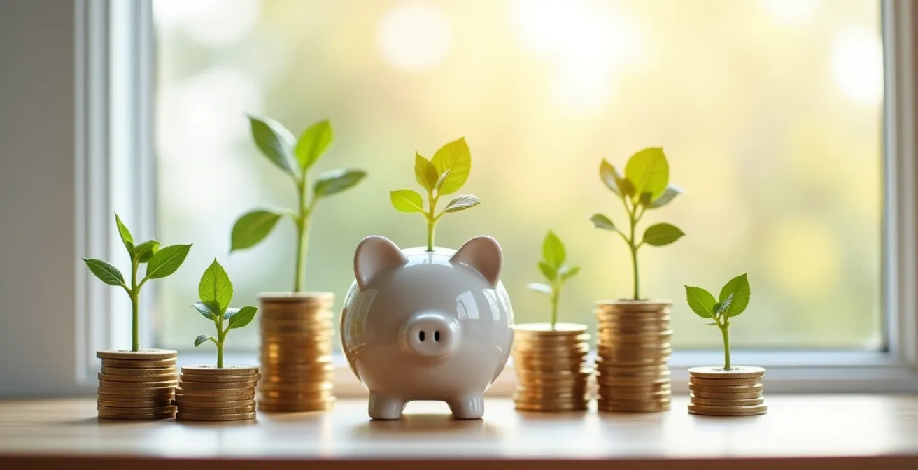 Goldenes Sparschwein umgeben von wachsenden Geldpflanzen in hellem Ambiente