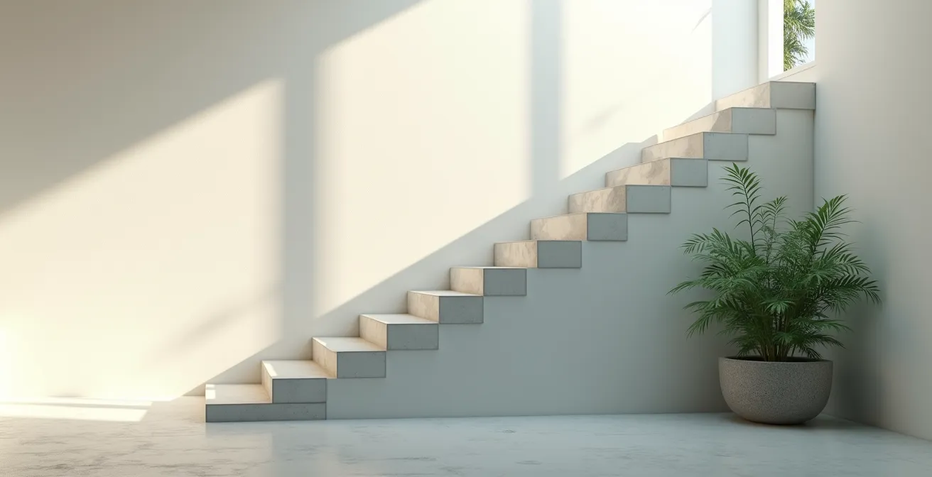 Absteigende Treppe als Symbol für schrittweise Nikotinreduktion mit CBD-Begleitung