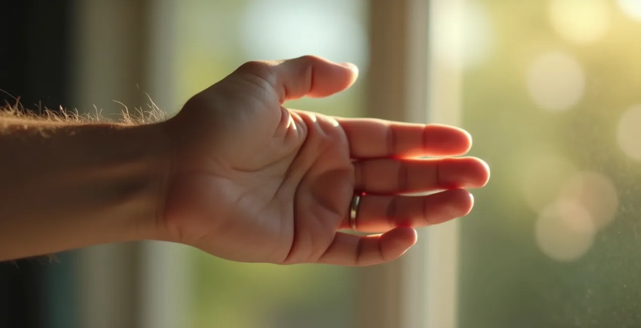 Nahaufnahme einer Hand, die reflexartig nach einem unscharfen Objekt greift und die Macht von Sucht-Triggern symbolisiert