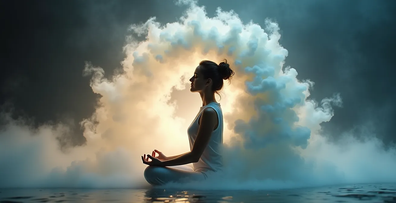 Eine Person in meditativer Haltung, umgeben von abstrakten Wellenbewegungen, die das An- und Abschwellen von Gefühlen symbolisieren.