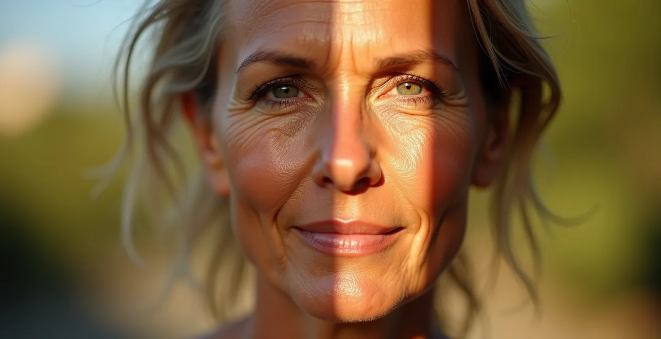 Eine Gesichtshälfte im Sonnenlicht, die Alterungszeichen zeigt, während die andere im Schatten glatter erscheint, was den Effekt von UV-Schutz symbolisiert.