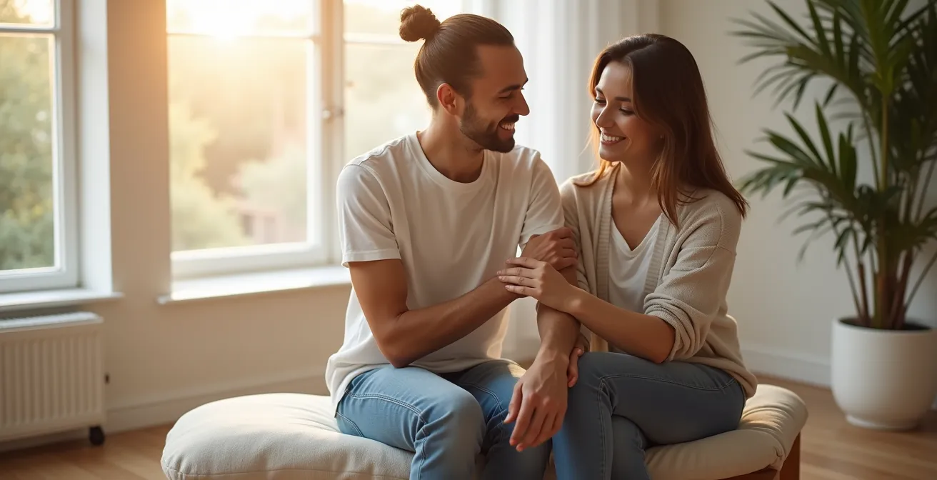 Zwei Menschen in vertrauensvollem Gespräch mit unterstützender Körpersprache