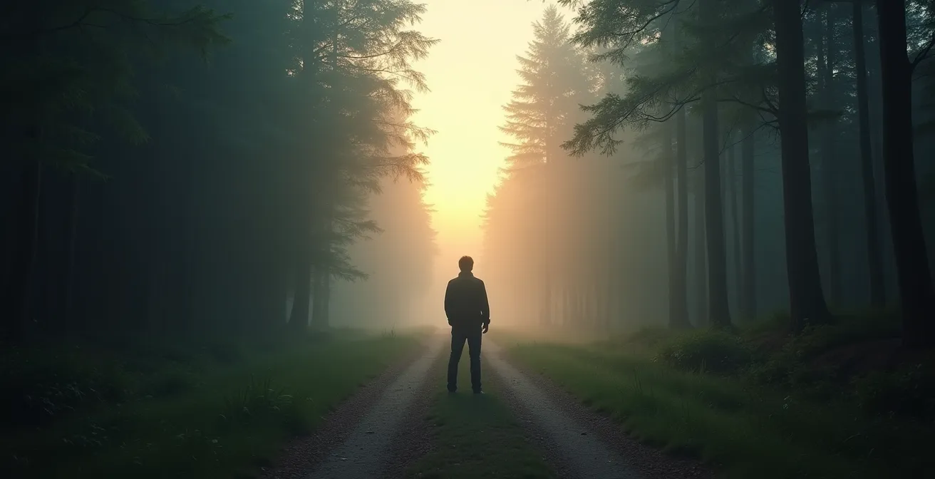 Eine Person steht vor einem sich öffnenden Weg in einer nebligen Landschaft, der Hoffnung und den Weg zur Genesung symbolisiert.