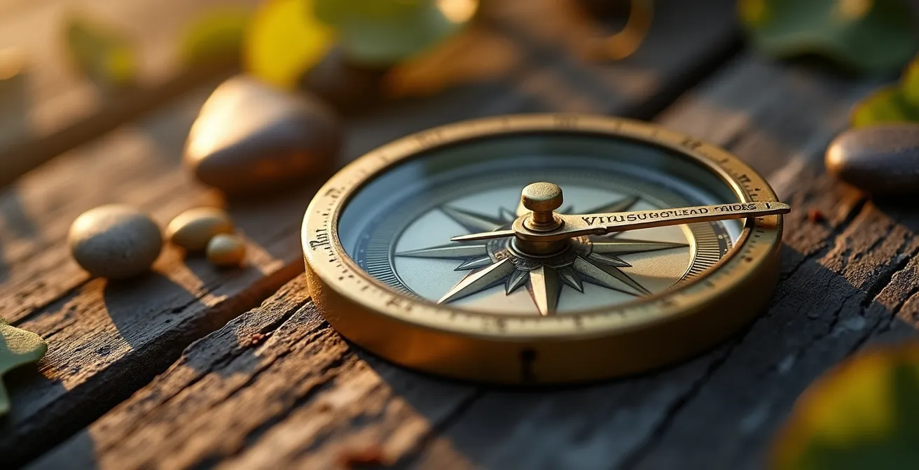 Detailaufnahme eines Kompasses, der symbolisch für die Orientierung durch persönliche Lebenswerte steht.