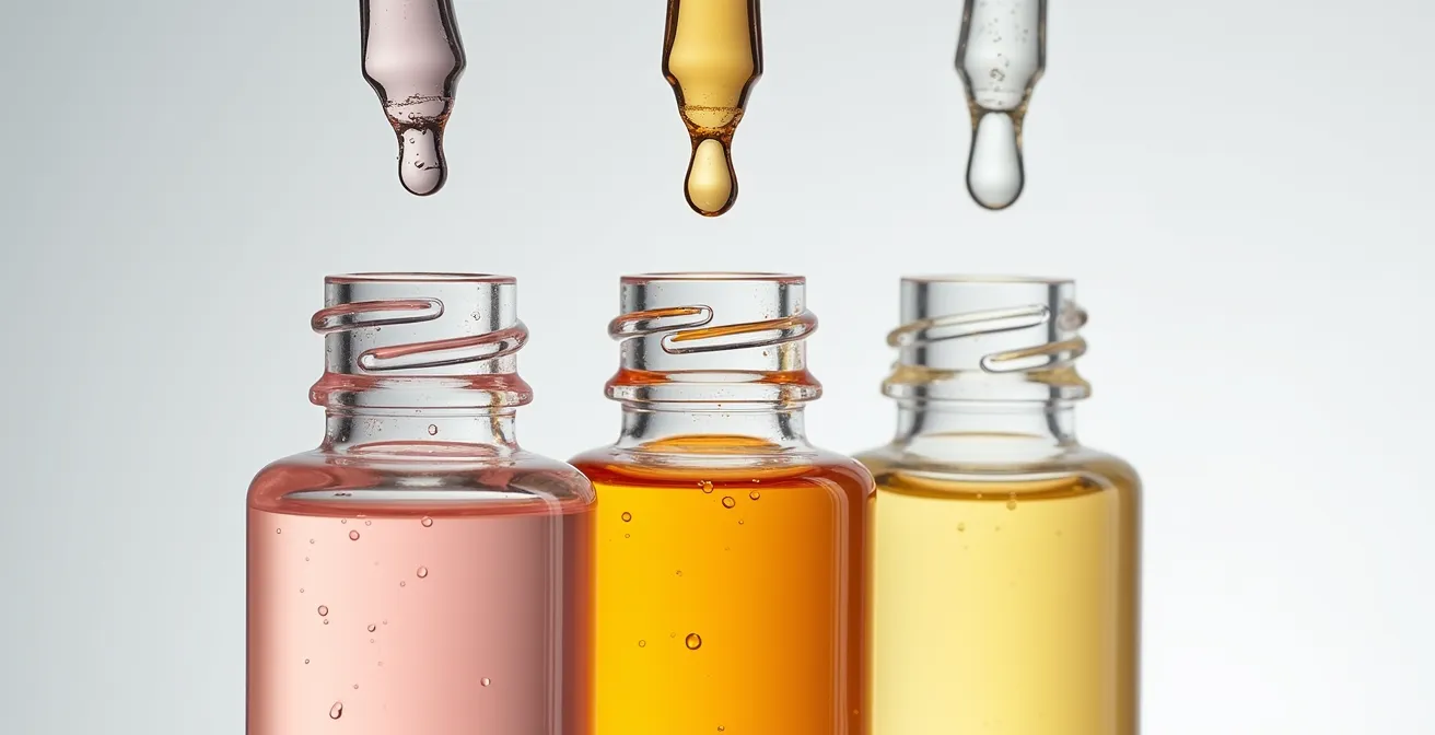 Drei Serum-Fläschchen mit aktiven Wirkstoffen in minimalistischer Anordnung