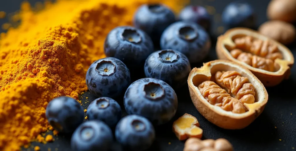 Anordnung entzündungshemmender Lebensmittel wie Kurkuma, Beeren und Nüsse Anordnung entzündungshemmender Lebensmittel wie Kurkuma, Beeren und Nüsse